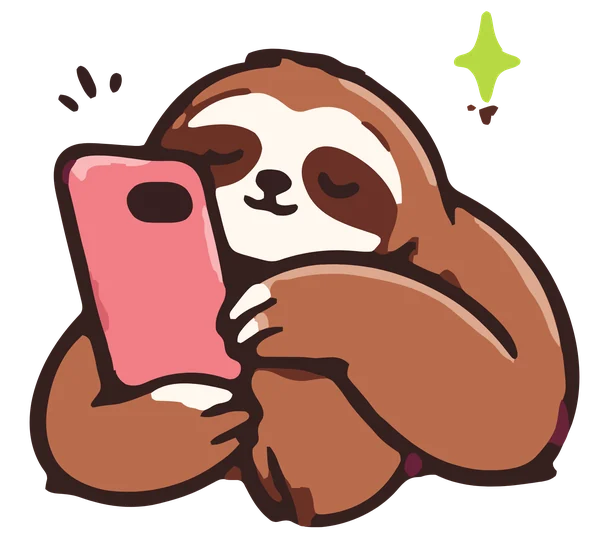 Le paresseux souriant, téléphone en main