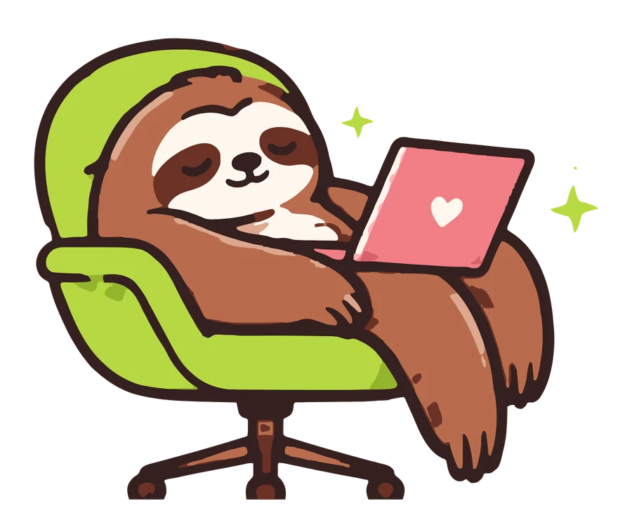 La mascotte LAZYCLUB, un paresseux installé dans un fauteuil vert lime avec son ordinateur rose