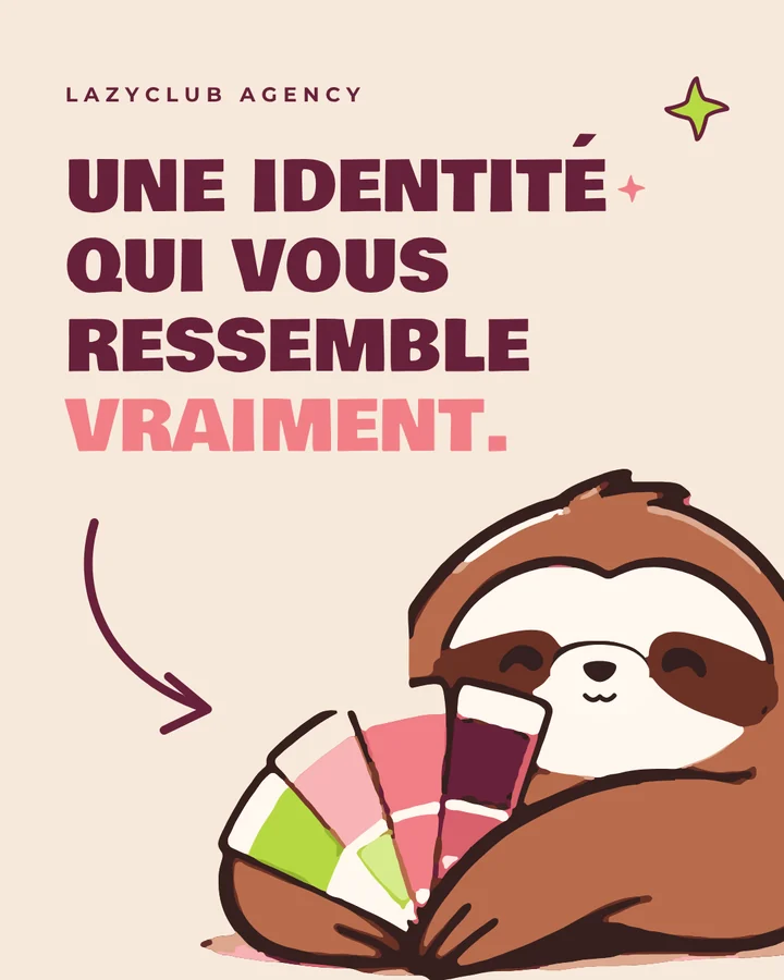 Post Instagram LAZYCLUB « Une identité qui vous ressemble vraiment », avec le paresseux et un nuancier